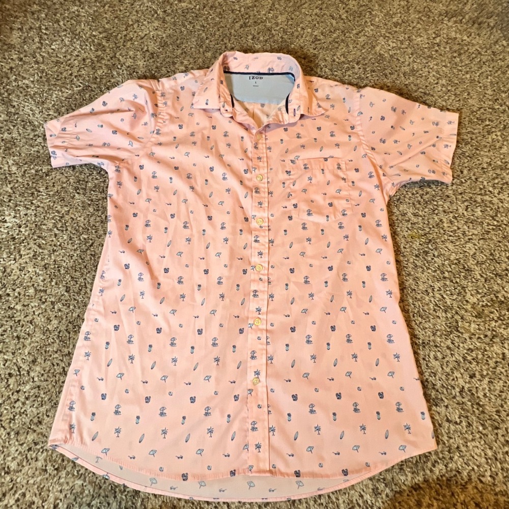 IZOD Mens Pink Tropical‎ Beach Print Short Sleeve Button Down Shirt Large